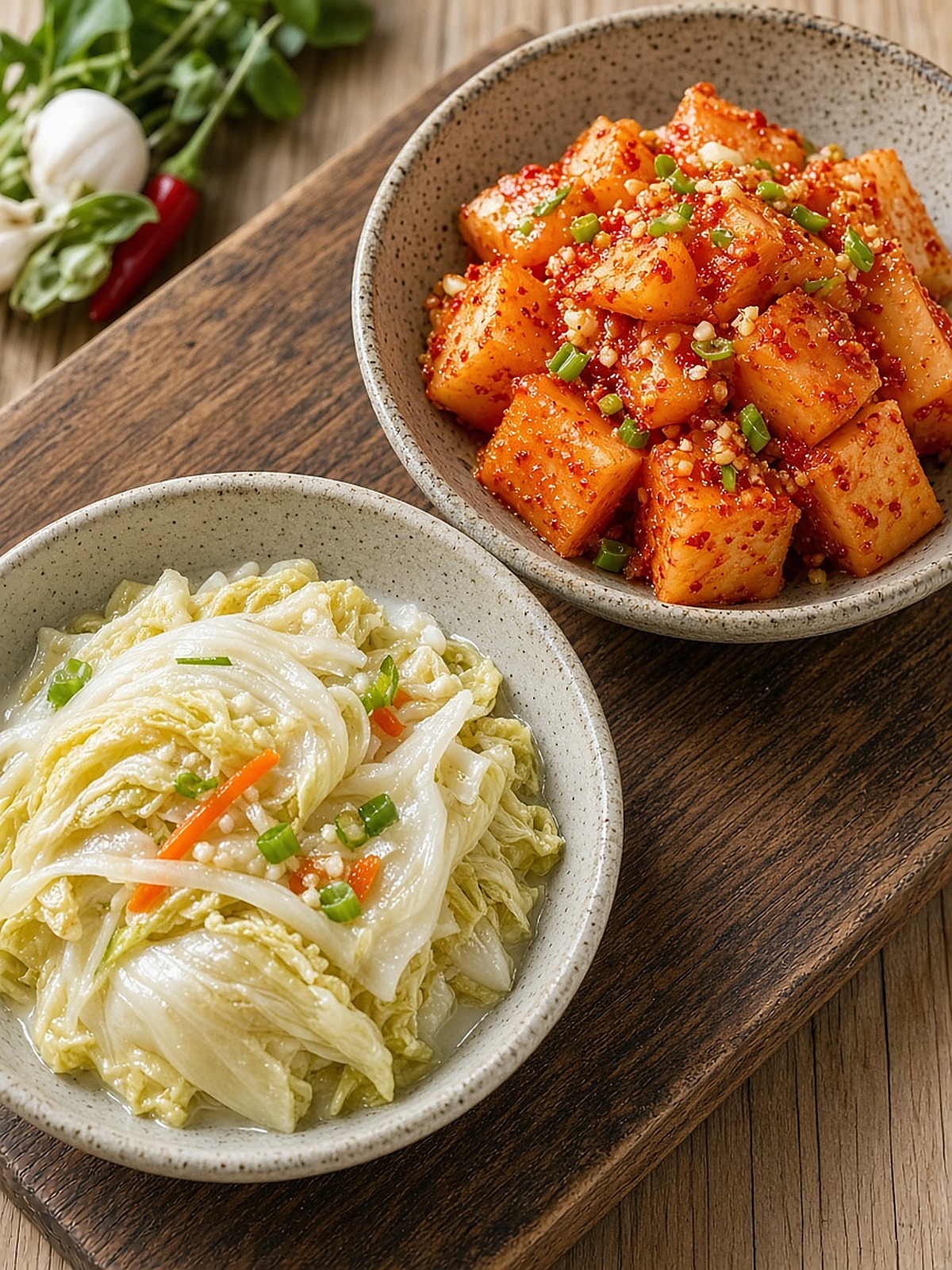 Traditional Korean kimchi bowls with fresh ingredients